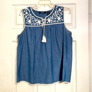 Light embroidered denim tank